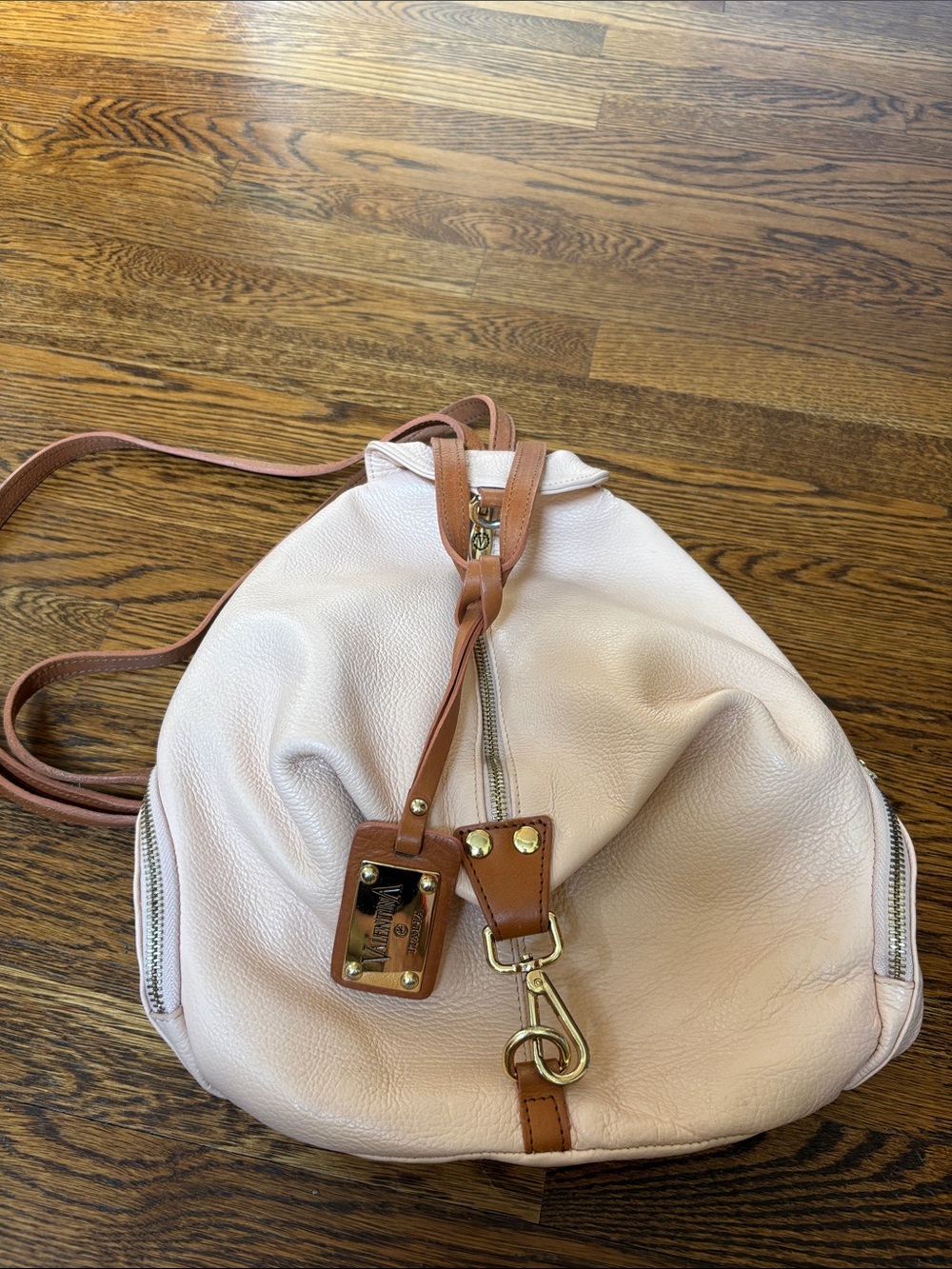 Blush Pink soft Leather Drawstring Multi Backpack w Tan Trim Valentina Italia